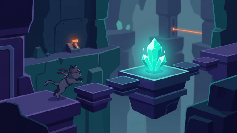 Cartoon cat leaping between cave platforms toward a glowing teal crystal