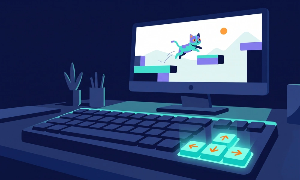 Keyboard with highlighted arrow keys beside a monitor showing a jumping cat