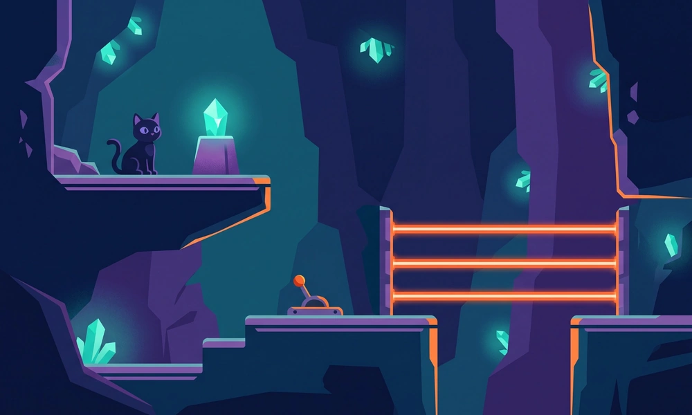 Cat observing a crystal, switch and glowing laser barriers in a cave