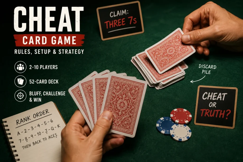 Cheat Card Game Rules: How to Play, Setup, and Strategy Cheat card game rules showing face-down cards, discard pile, bluffing, challenges and rank order
