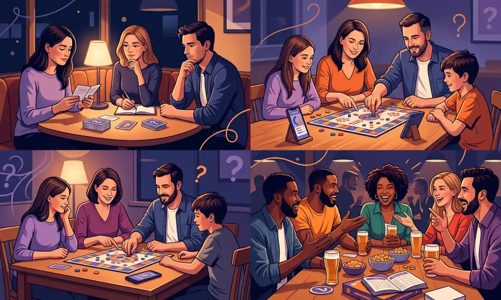 Different groups playing trivia games with friends and family