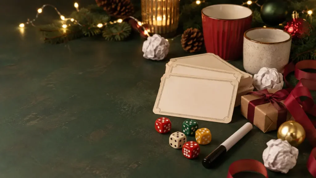 21 Christmas Party Games for Adults: Funny, Easy Ideas Christmas party game supplies on a festive table, including prompt cards, dice, cups, wrapped gift, and paper snowballs.