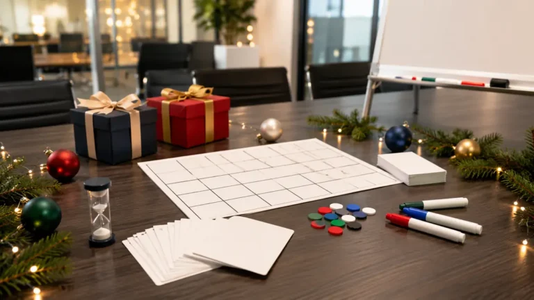 Office table set up with Christmas trivia, bingo, gifts, and team game supplies.