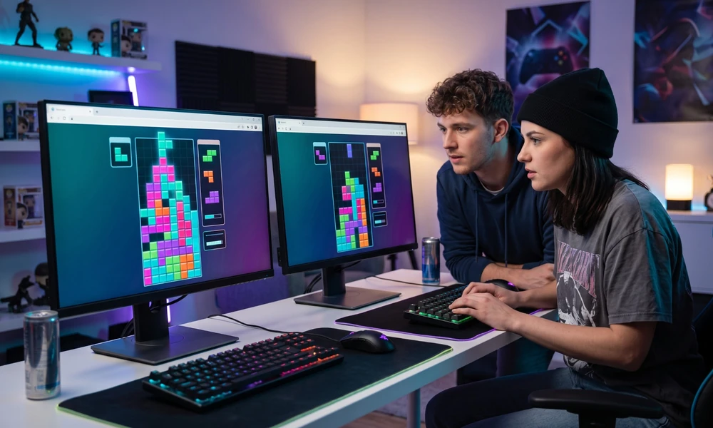 Two players competing in an online block stacking browser game