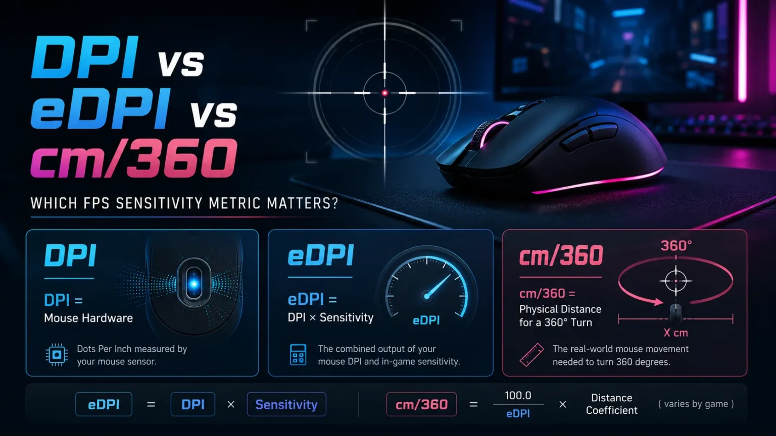 DPI vs eDPI vs cm/360 comparison showing mouse DPI, effective DPI formula and physical distance needed for a 360-degree FPS turn