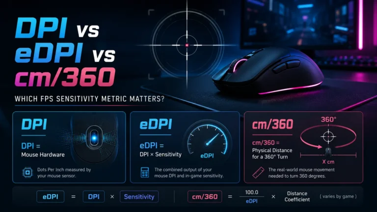 DPI vs eDPI vs cm/360 comparison showing mouse DPI, effective DPI formula and physical distance needed for a 360-degree FPS turn