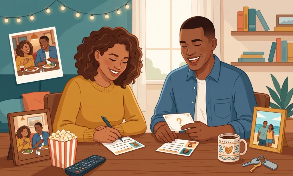 Couple writing answers to easy newlywed game questions at a table