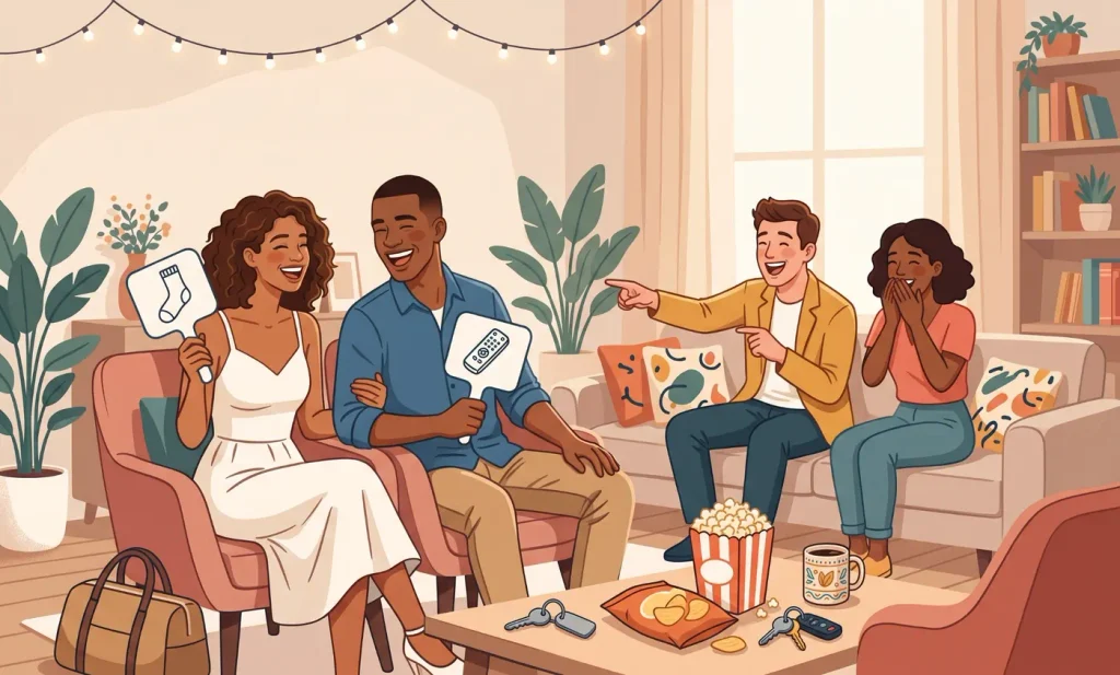 Couple and friends laughing during a newlywed game