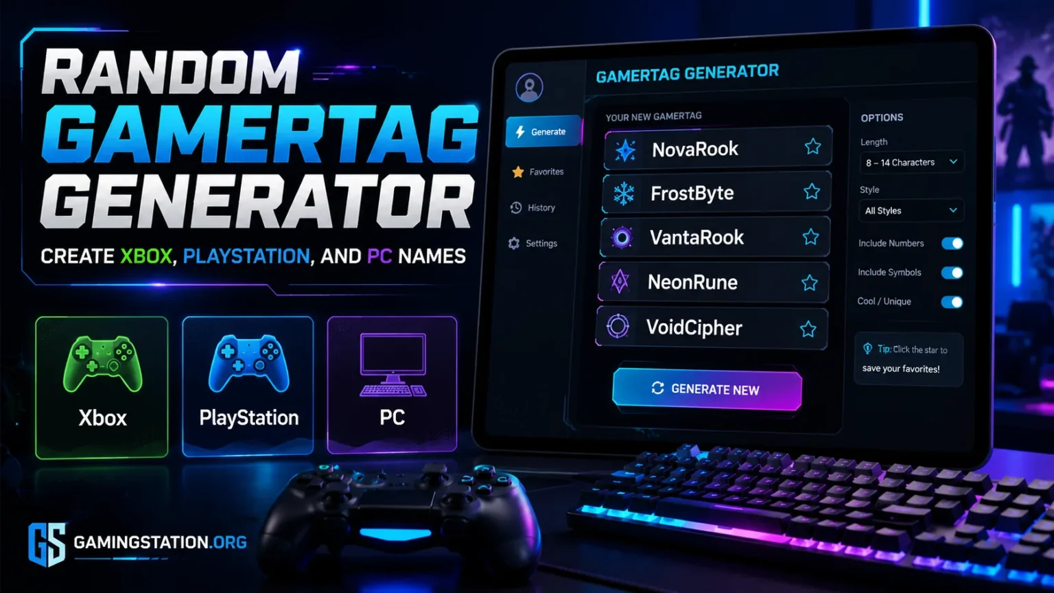 Random Gamertag Generator: Create Xbox, PlayStation, and PC Names Random gamertag generator for Xbox, PlayStation, and PC showing unique gaming username ideas and customizable name options