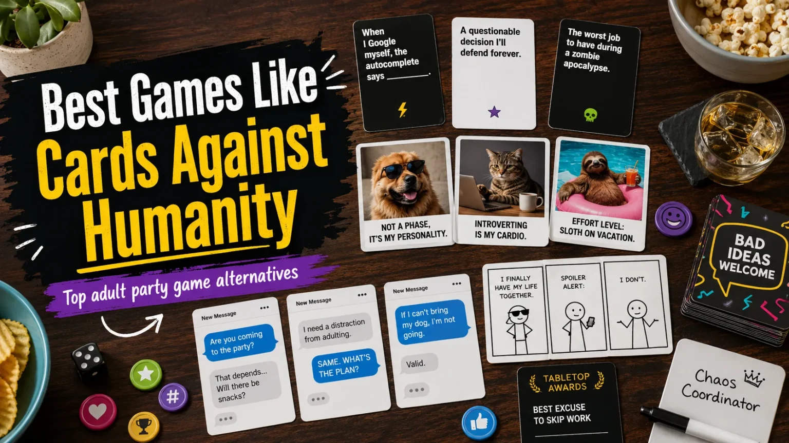 Games like Cards Against Humanity with funny adult party cards, meme cards, text-message cards, comic panels and game pieces