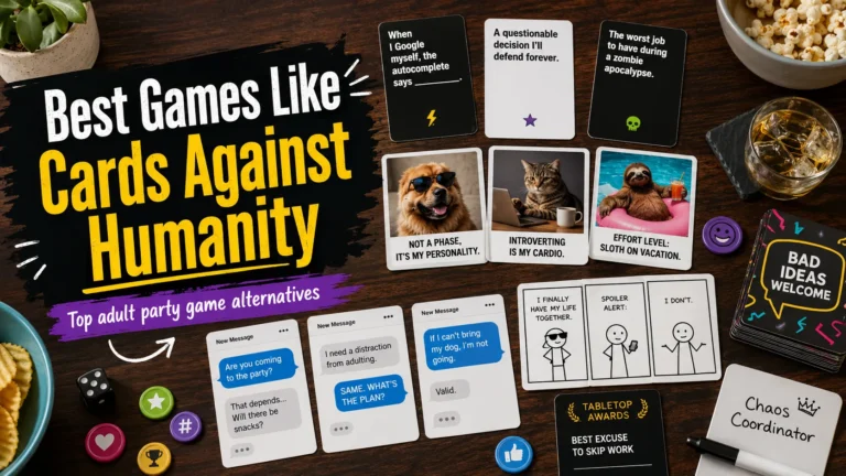 Games like Cards Against Humanity with funny adult party cards, meme cards, text-message cards, comic panels and game pieces