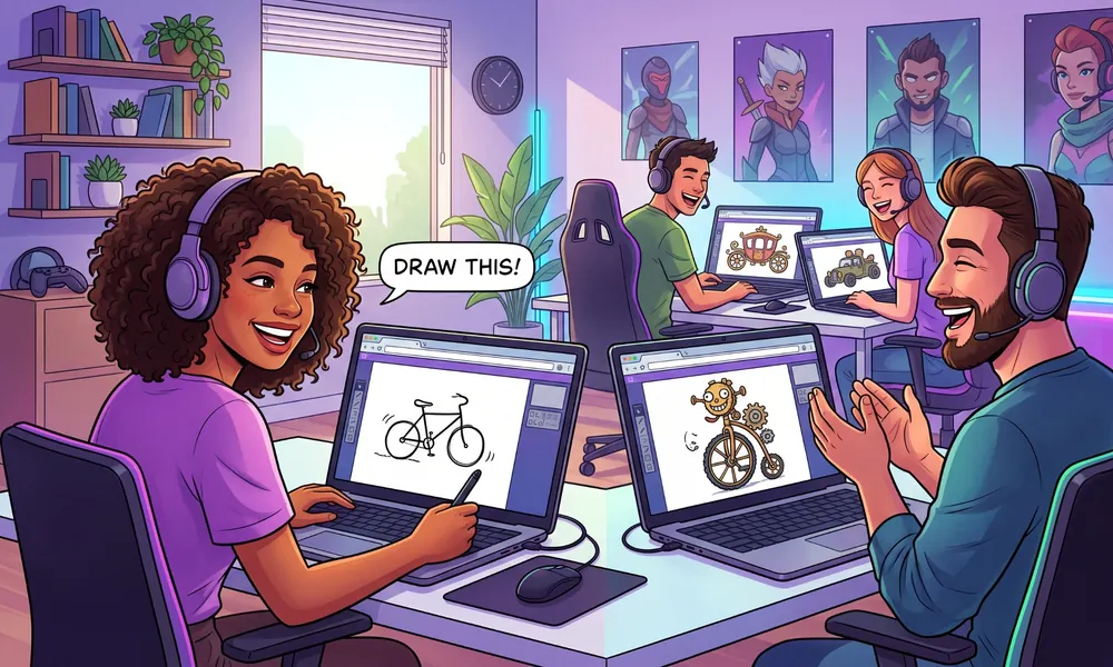 Friends playing an online drawing and guessing browser game