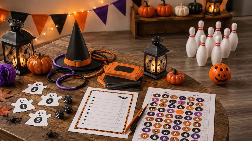 20 Halloween Party Games for Adults and Kids Halloween party game setup with pumpkin bowling, charades cards, trivia sheets, and ring toss props.