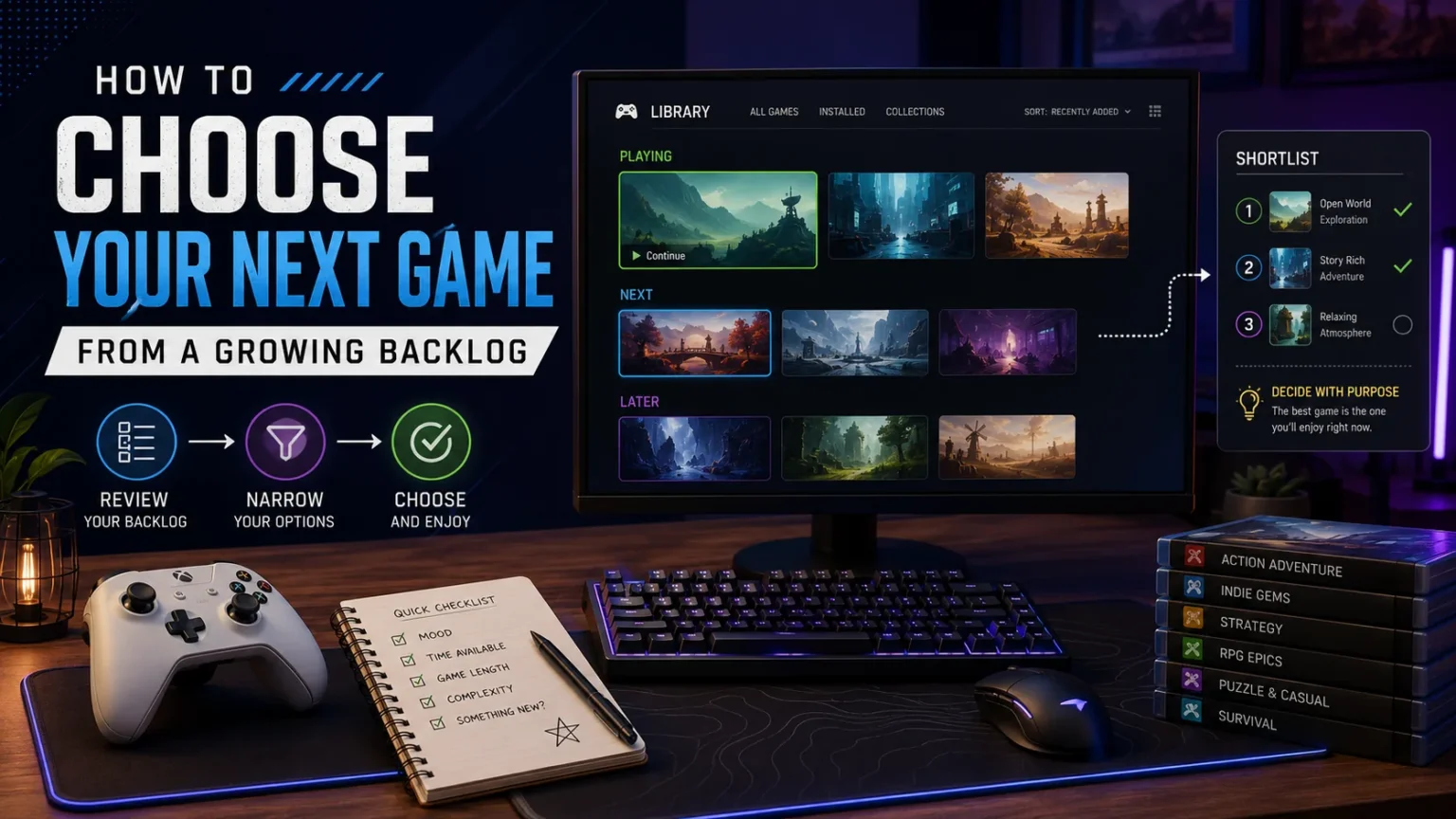 Gaming backlog organizer showing Playing, Next and Later game lists with a shortlist, controller, keyboard and game selection checklist