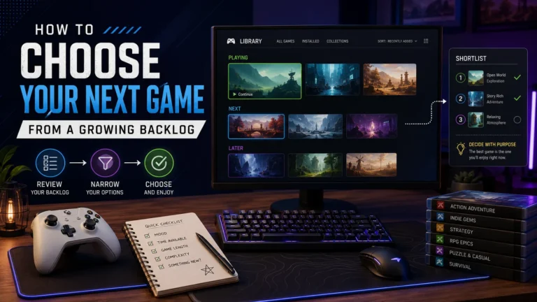Gaming backlog organizer showing Playing, Next and Later game lists with a shortlist, controller, keyboard and game selection checklist