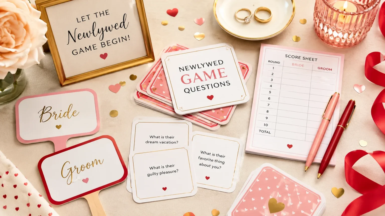 150 Newlywed Game Questions for Couples and Parties Newlywed game questions with bride and groom answer paddles, question cards, wedding rings and score sheet