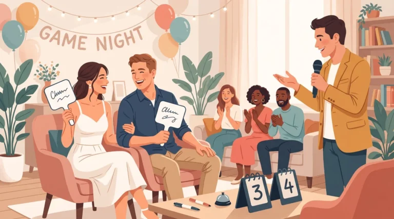 Newlywed couple answering questions at a game night with a host and guests