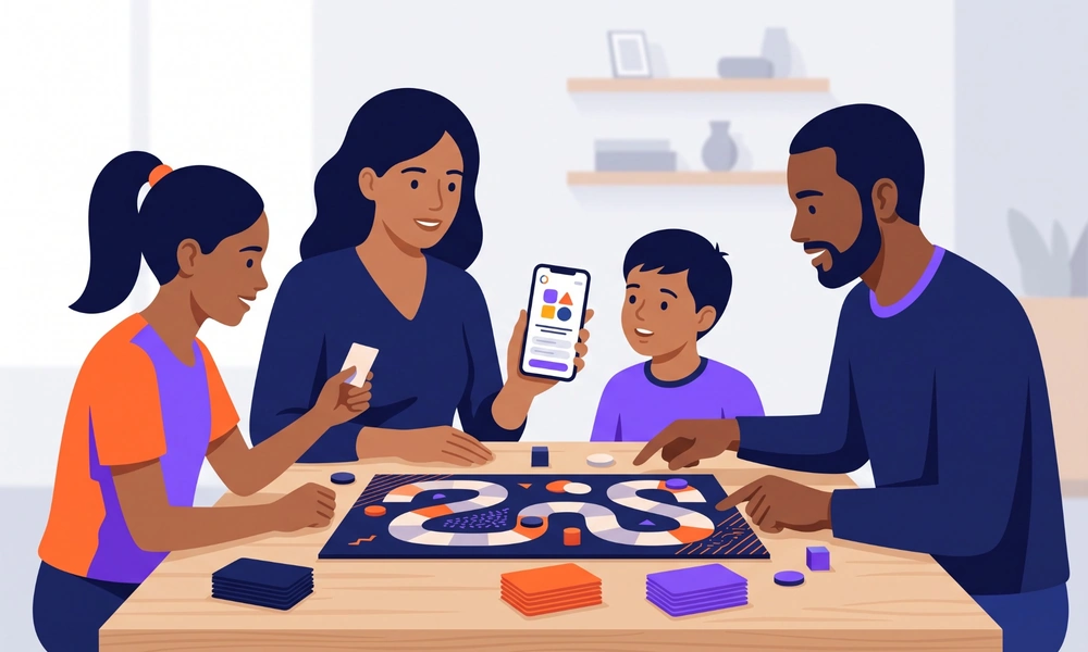 Family playing a mixed-age trivia board game with a mobile device
