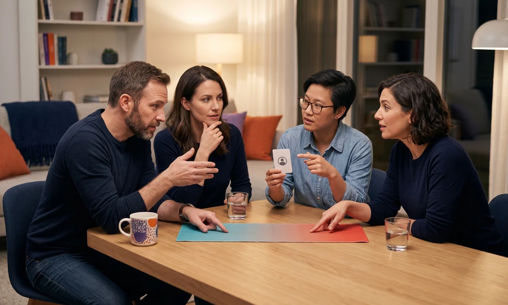 Four adults discussing clues around a table with colored cards