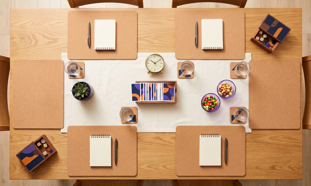 Overhead view of a prepared game-night table with notepads, cards, pens and a clock