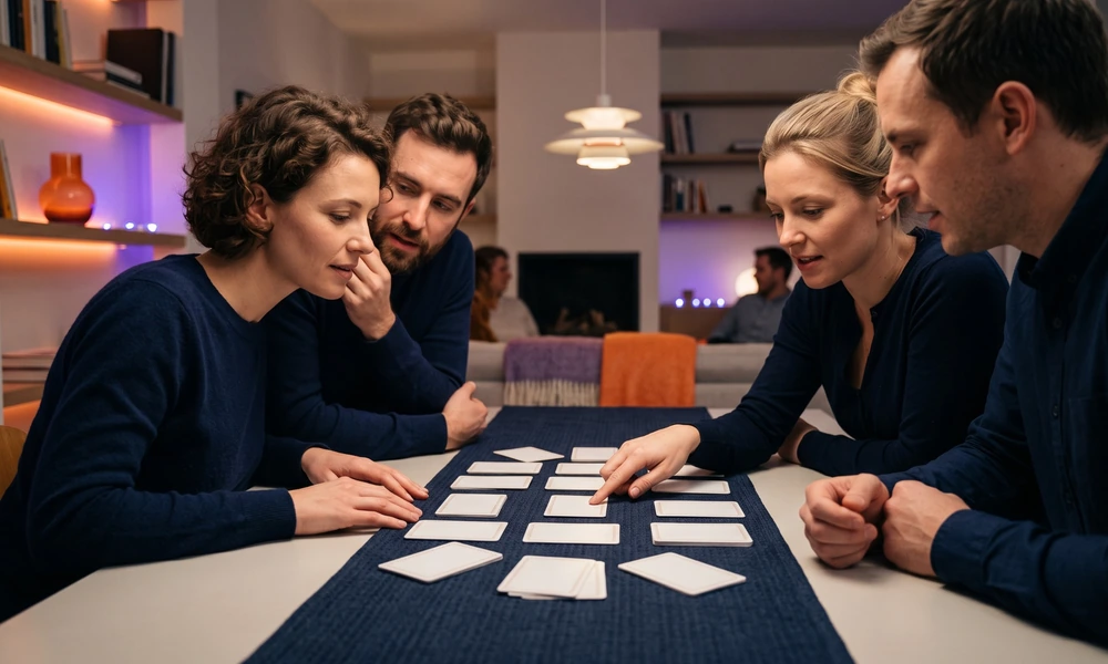 Four adults considering a grid of cards during a team clue game