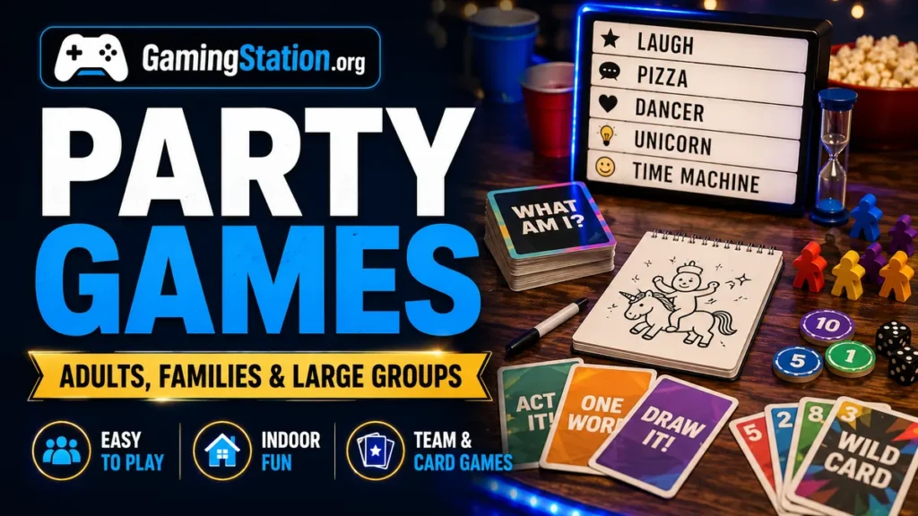 Best Party Games for Adults, Families, and Large Groups Party games for adults, families, and large groups with cards, drawing, dice, team games, and indoor game night activities