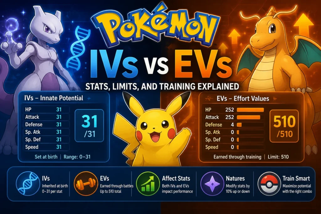 Pokemon IVs vs EVs: Stats, Limits, and Training Explained Pokemon IVs vs EVs infographic comparing 0–31 IV stat potential with 252 EV stat training and the 510 total EV limit