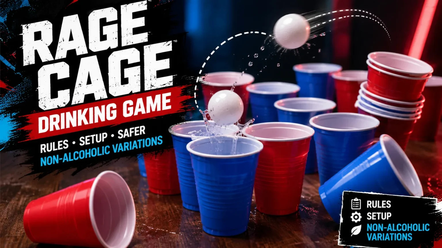 Rage Cage drinking game setup with red and blue cups, ping-pong balls, bouncing shots and stacked cups