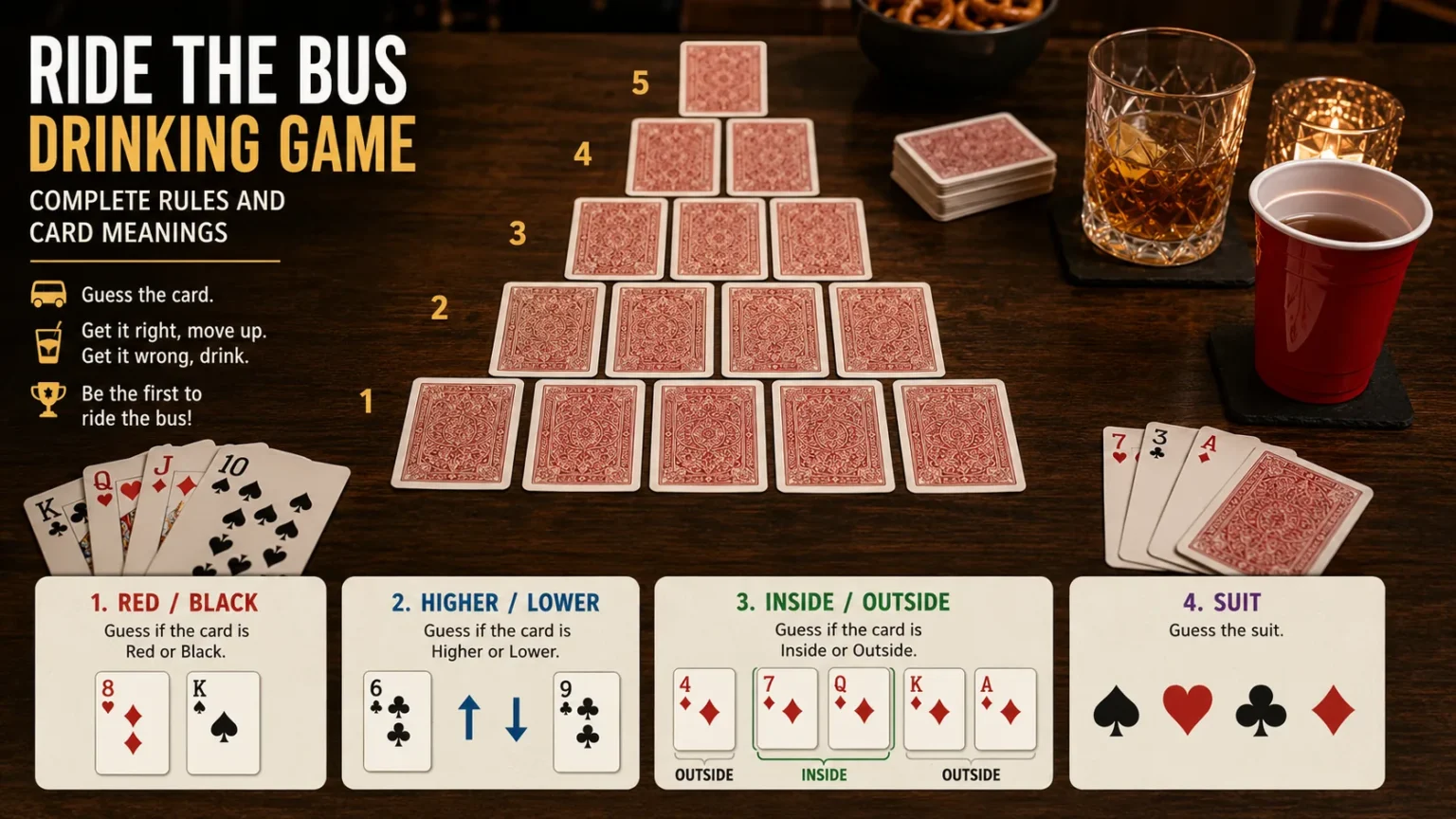 Ride the Bus Drinking Game: Complete Rules, Setup, and Card Meanings Ride the Bus drinking game setup with card pyramid, red or black, higher or lower, inside or outside and suit rules
