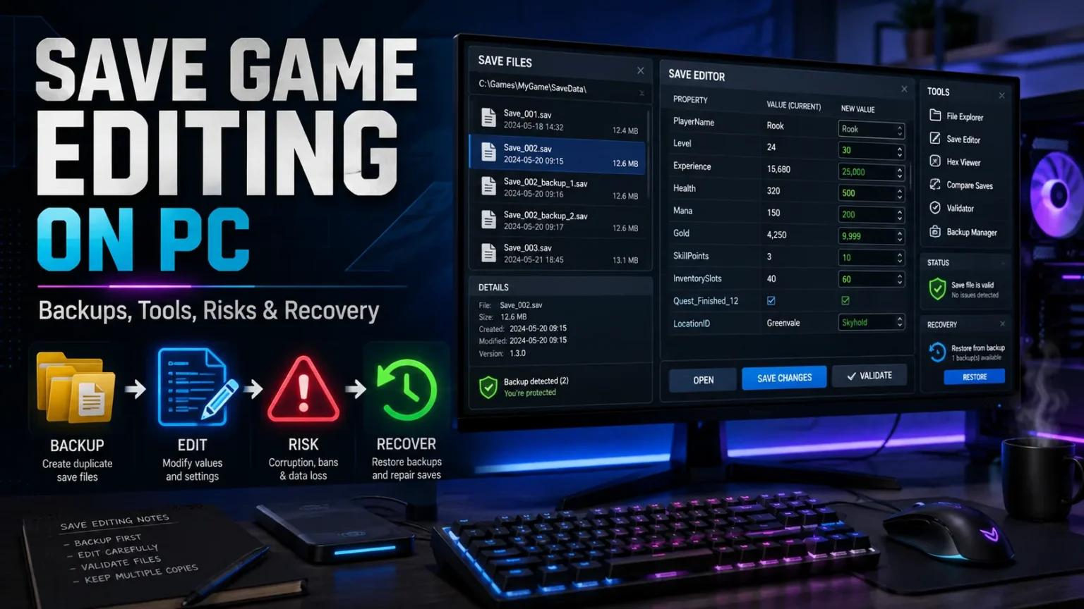 Save Game Editing on PC: Backups, Tools, Risks, and Recovery Save game editing on PC showing save file backup, editing tools, cloud sync risks, and recovery options for corrupted game saves