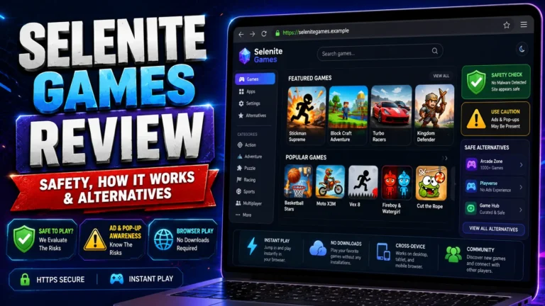 Selenite Games Review: Safety, How It Works, and Best Alternatives Selenite Games review showing browser game list, safety checks, ads, and alternatives