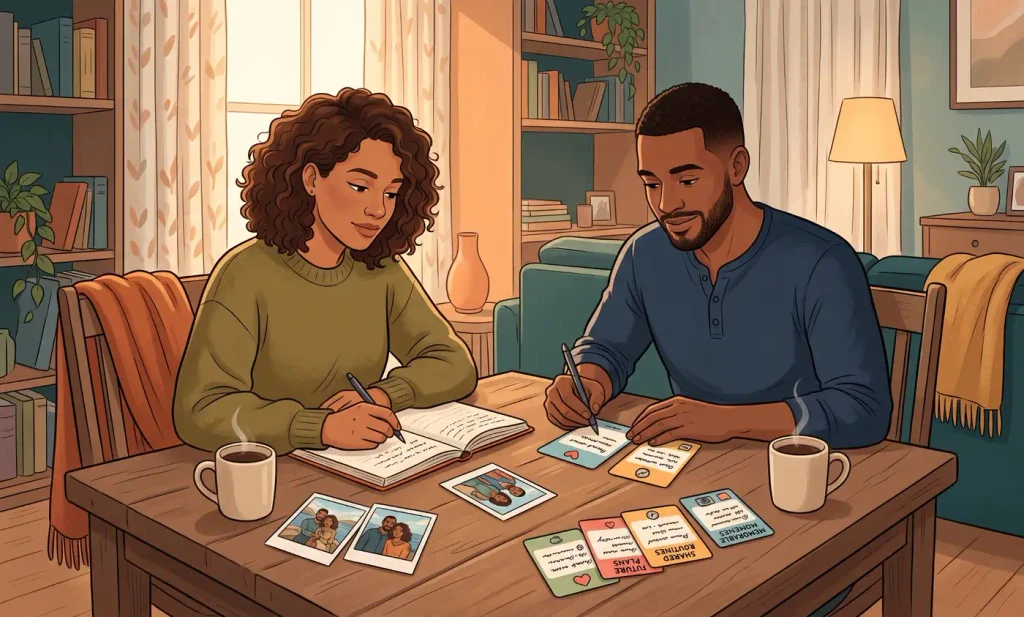 Couple writing thoughtful answers to questions at home
