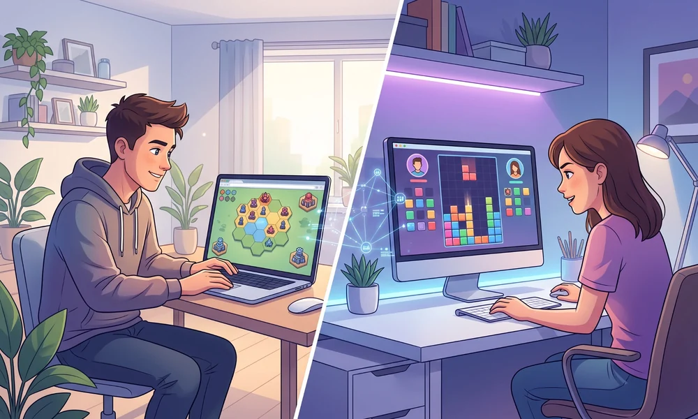 Two friends playing browser games on different computers
