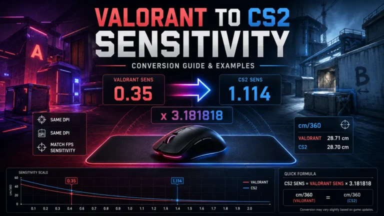Valorant to CS2 Sensitivity: Conversion Guide and Examples Valorant to CS2 sensitivity conversion showing 0.35 Valorant sensitivity converted to 1.114 CS2 with the 3.181818 multiplier