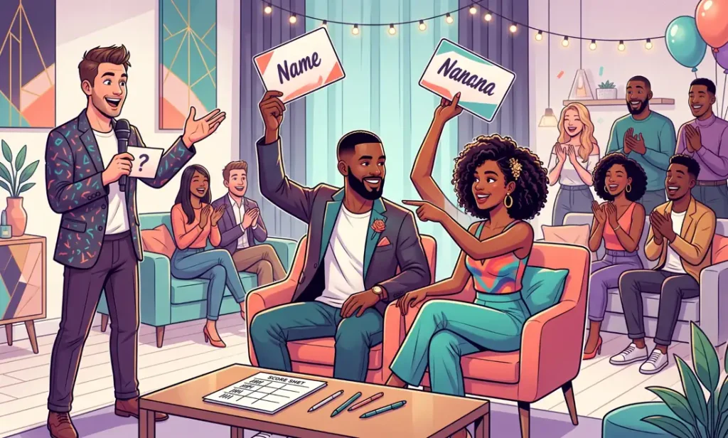 Couple holding up name cards during a who is more likely game