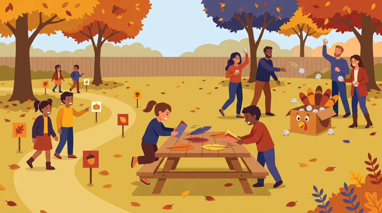 Families playing active Thanksgiving games outdoors in an autumn park