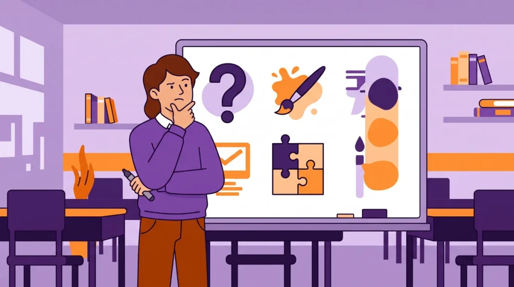 Teacher choosing classroom Halloween games based on different activity options