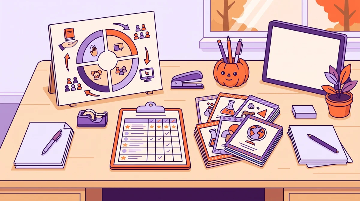 Printable classroom Halloween game cards, rotation chart, score sheet and teacher materials