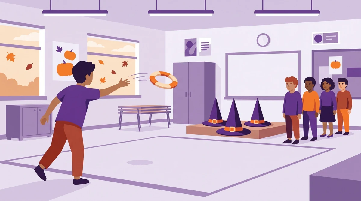 Student tossing a soft ring toward witch hats during a classroom Halloween game