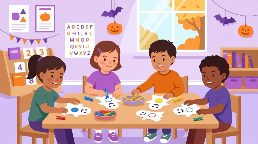 Children matching colored clothespins to ghost cards during a classroom Halloween game