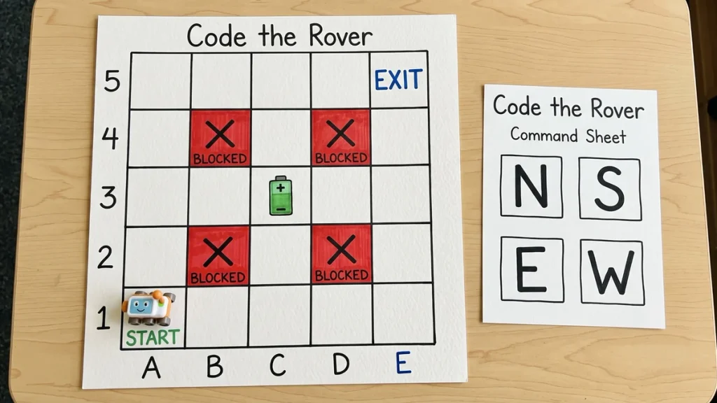 Code the Rover 5 by 5 grid with start, battery, exit, blocked squares and direction commands