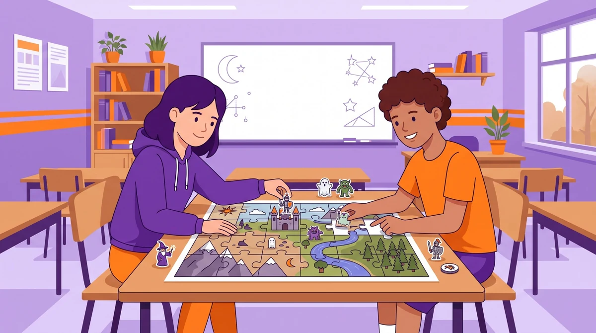 Kids playing cooperative Halloween puzzle games in a classroom