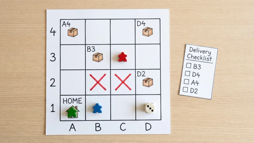 Coordinate Courier 4 by 4 grid board with delivery stops, blocked spaces, player counters and checklist