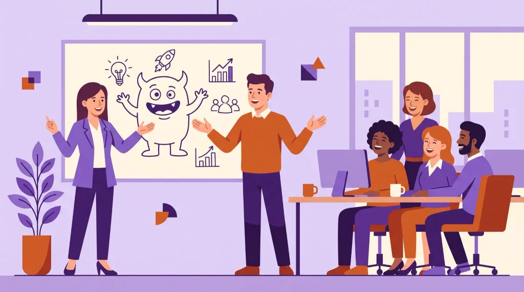 Coworkers presenting a creative monster idea during a Halloween team communication activity