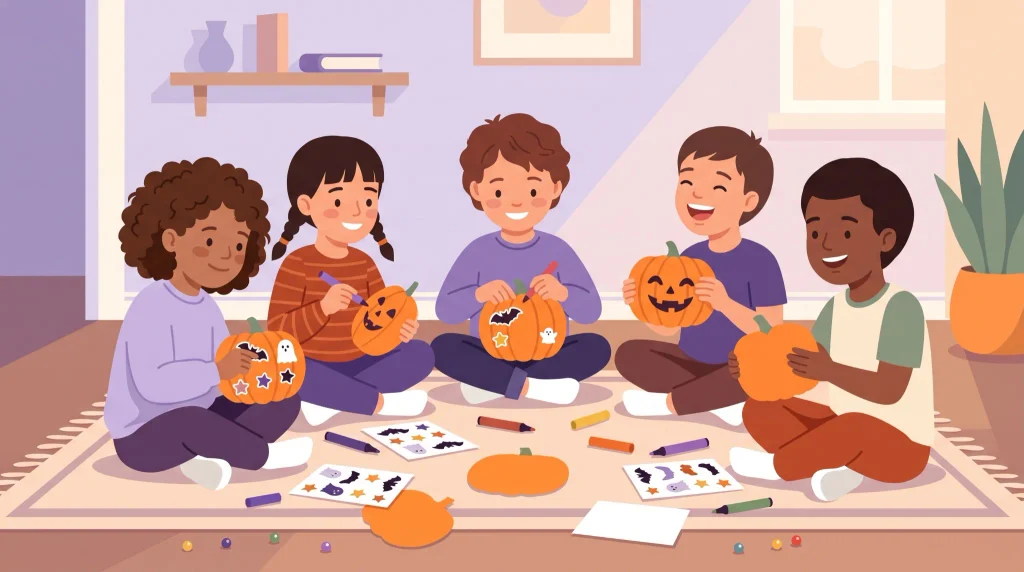 Kids decorating paper pumpkins with markers and Halloween stickers
