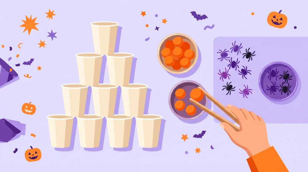 Easy tabletop Halloween games with cup stacking, pom-pom transfer and spider sorting activities