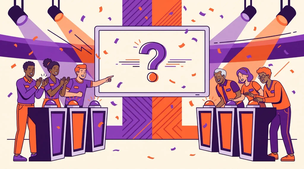 Two teams playing a Halloween Family Feud-style trivia game with buzzers and question screen