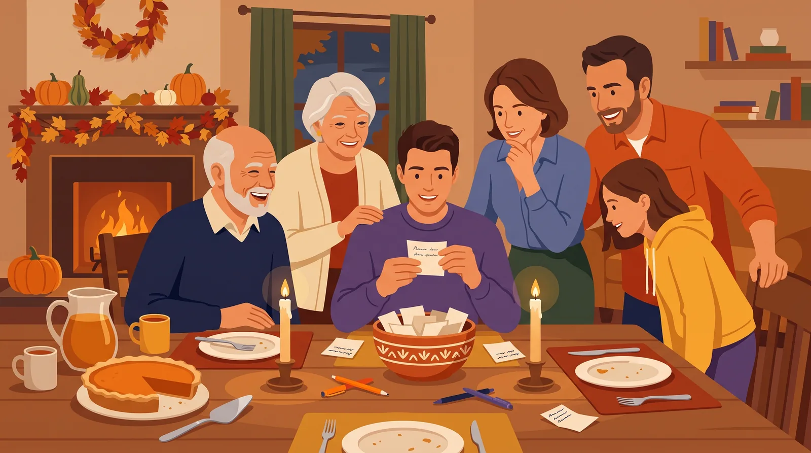 Family playing a seated Thanksgiving game with paper slips around the dinner table