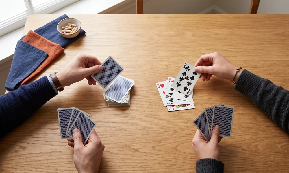 Card players beside a draw deck and discard pile during a game