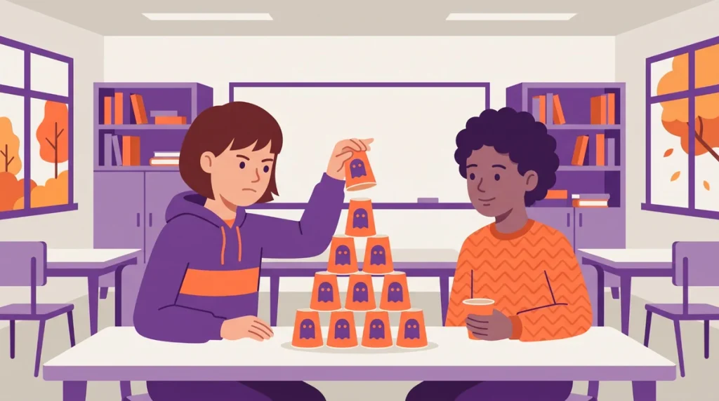 Students stacking Halloween ghost cups at a classroom building station